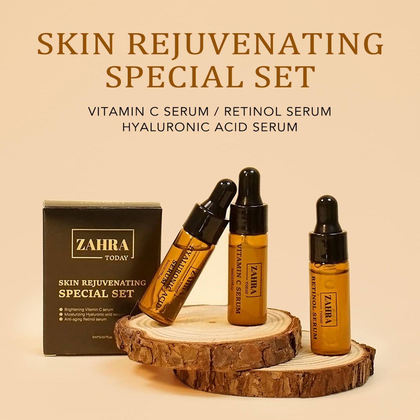 ZAHRA Today's Lavish Trio Face Serum Travel Pack - Hyaluronic Acid, Vitamin C & Retinol - Combat Aging, Dark Spots & Wrinkles (3 Vials, 0.17 Fl Oz Each)