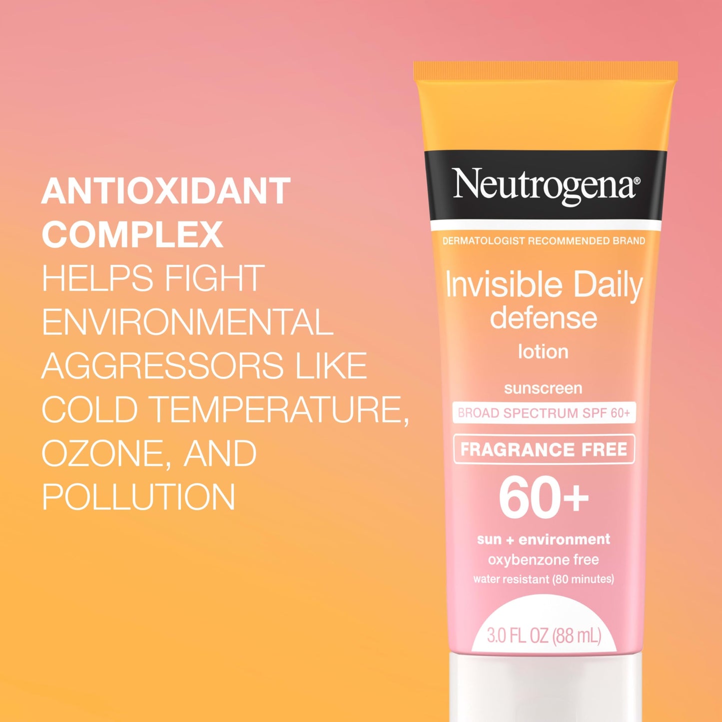 Neutrogena Invisible Daily Defense Fragrance-Free Sunscreen Lotion, Broad Spectrum SPF 60+, Oxybenzone-Free & Water-Resistant, Sun & Environmental Aggressor Protection, 3.0 fl. oz