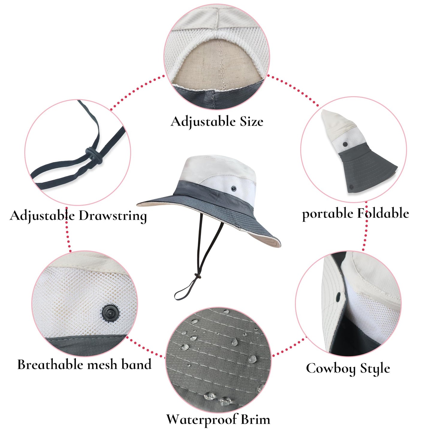 NPQQUAN Ponytail Sun Bucket Hat for Women Men Wide Brim UPF 50+ Fishing & Beach Hats Beige/Grey