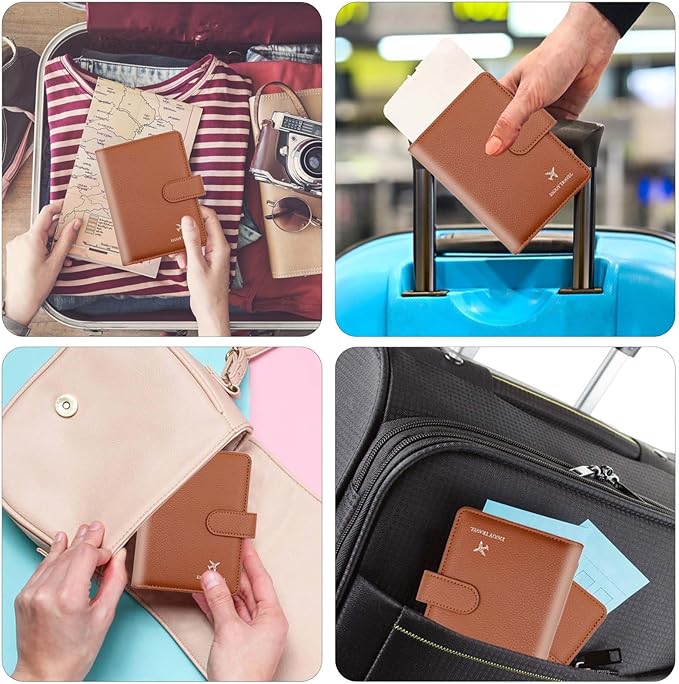 Cnycmy Passport Holder with RFID Blocking, Cash Pocket & Back Zipper Coin Pocket - Travel Document Holder, Magnetic Button, Multiple Card Slots - Soft PU Leather for Men and Women (BROWN)