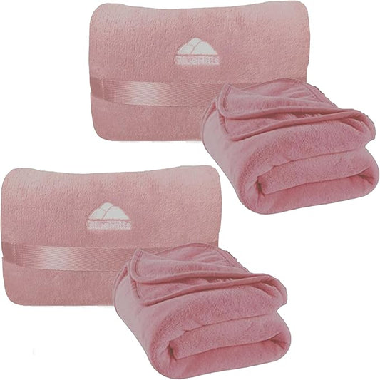 BlueHills 2 Pack Travel Blanket Pillow in Mini Soft Case Premium Plush Airplane Blankets Soft Bag Compact with Luggage Belt and Backpack Clip Small Traveling Pillows Lightweight Accessories - Pink M22