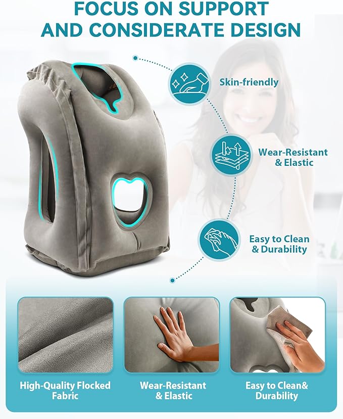 JefDiee Inflatable Travel Pillow, Airplane Neck Pillow Comfortably Supports Head and Chin for Airplanes, Trains, Cars Office Napping on The Tray Table (Grey)