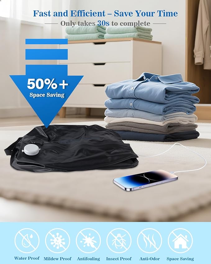 2025 One Touch Vacuum Bag for Travel with Built-in Pump, 30L Compression Bags for Carry On, IP67 Reusable Vacuum Seal Bag for for Cloth Packing, No Need Separate Pump (Black 2PC)