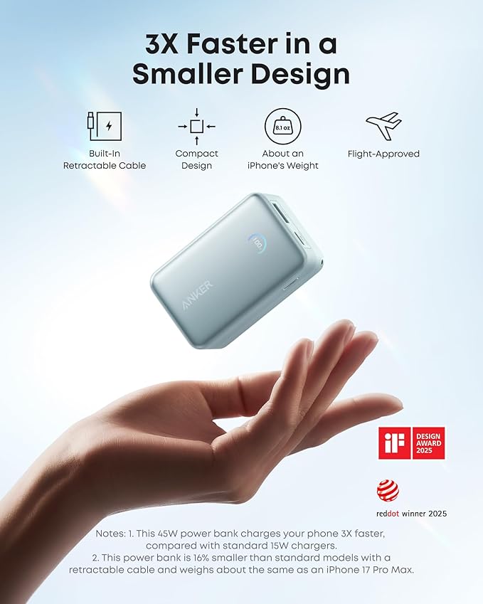 Anker Nano Portable Charger, 10,000mAh 45W Max Compact Power Bank, Travel Essential Phone Battery Pack with 2.3 ft InstaCord Retractable Cable for iPhone 17/16 Series, iPad, Galaxy, Pixel, and More
