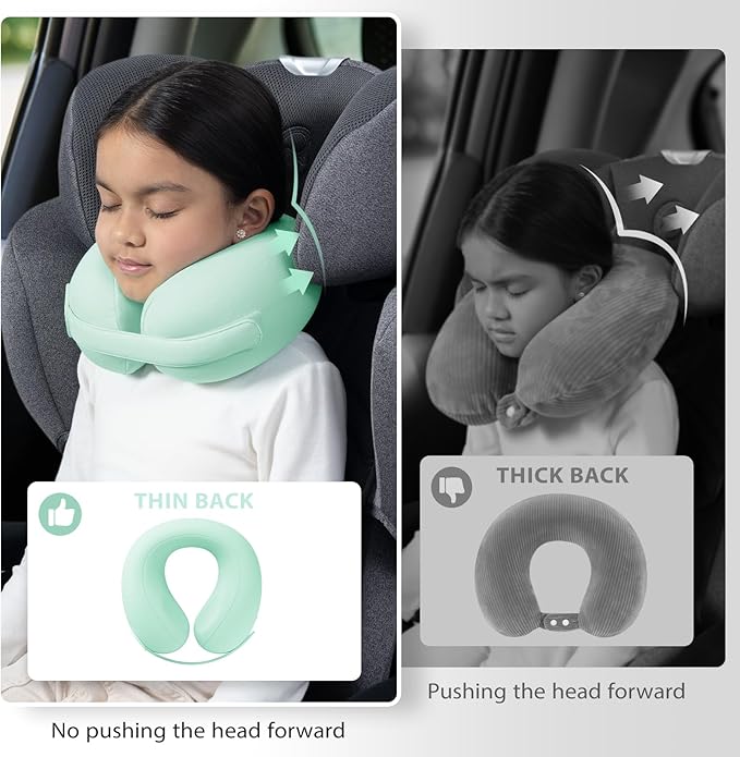 Car Pillow for Big Kids Travel Neck Pillows, Memory Foam Neck Support Travelling Pillow with Washable Cotton Pillowcases and Storage Bag, for Airplane, Train, Flight and Home Use Green