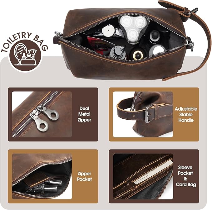 100% Genuine Leather Toiletry Bag for Men - Premium Handmade Crazy Horse Grain Leather - Best Gift for Men- Travel Toiletry Organizer - Shaving Bag for Toiletry Hanging Dopp Kit for Father Husband