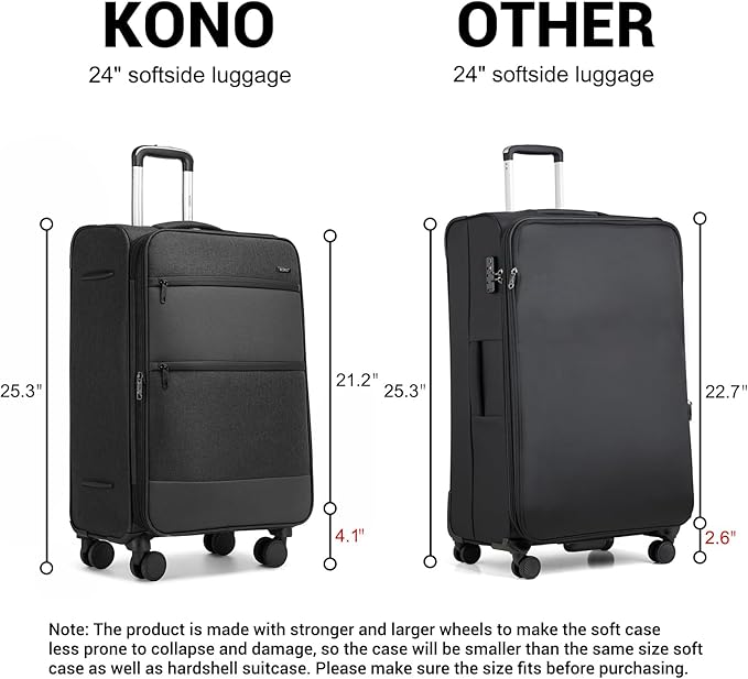 Kono 24 Inch Softside Expandable Checked Luggage with 8 Spinner Wheels TSA Lock Softshell Lightweight Business Travel Suitcase for Men and Women, Black