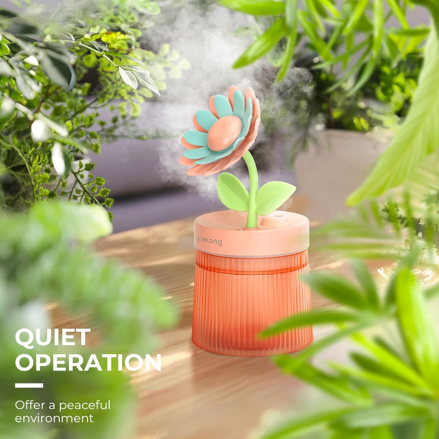 Sunflower Desktop Humidifier for Bedroom, Quiet Cool Mist Humidifier with Diffuser and LED Night light, Auto Shut-Off, 260 ML Portable Humidifier for Car Outdoor Home Indoor Nursery Plants (Pink)