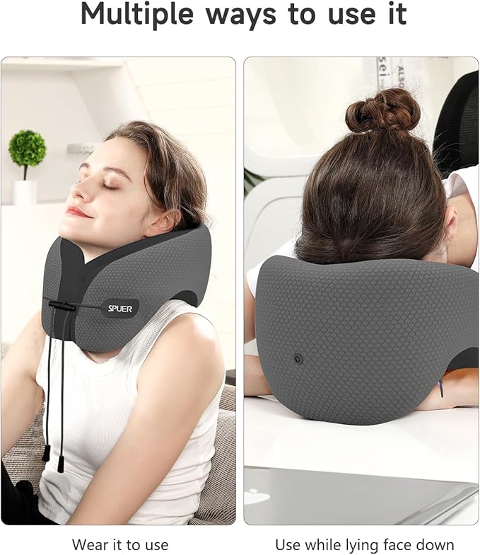 Travel Pillows for Airplanes, Neck Pillow Airplane, Airplane Travel Accessories with Eye Mask, Earplugs & Storage Bag, Ergonomic Memory Foam Neck Pillow for Sleeping, Flights, Cars (Dark Gray & Black)