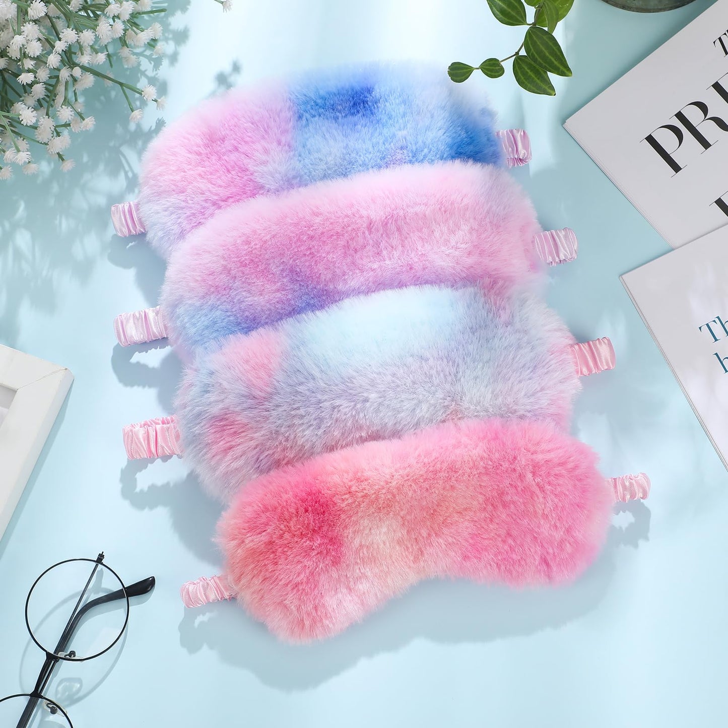 Geyoga 4 Pieces Plush Sleep Mask for Women, Comfortable Silk Furry Eye Cover, Fluffy Blindfold for Girl Sleepover Party, Night Travel, Nap Supplies, Solid