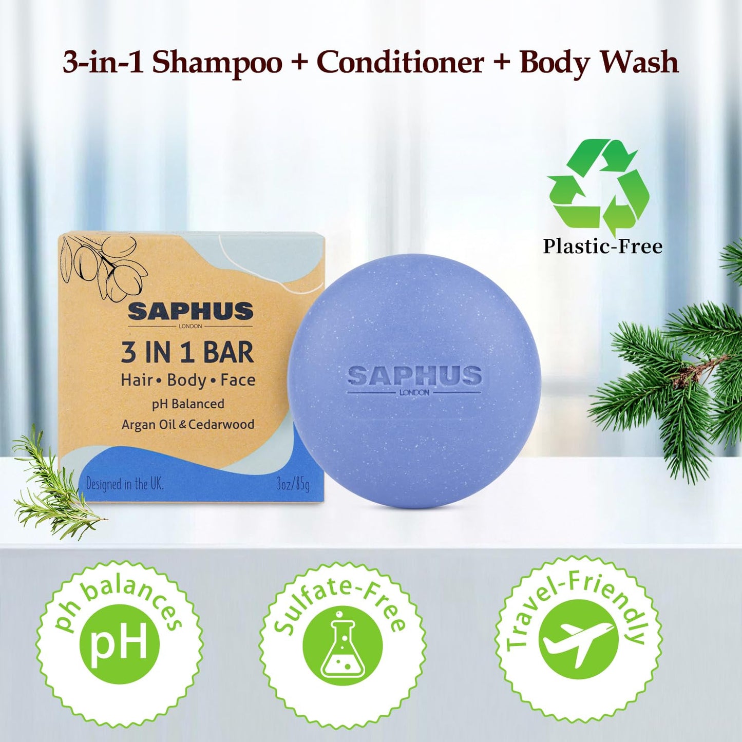 SAPHUS All-in-One Shampoo Bars for Hair, Body, Face & Beard | Acidified Bar Soap Moisturizing & Cleansing Bar for Men, Women, Kids | pH Balanced, Sulfate-Free, 2 Pack