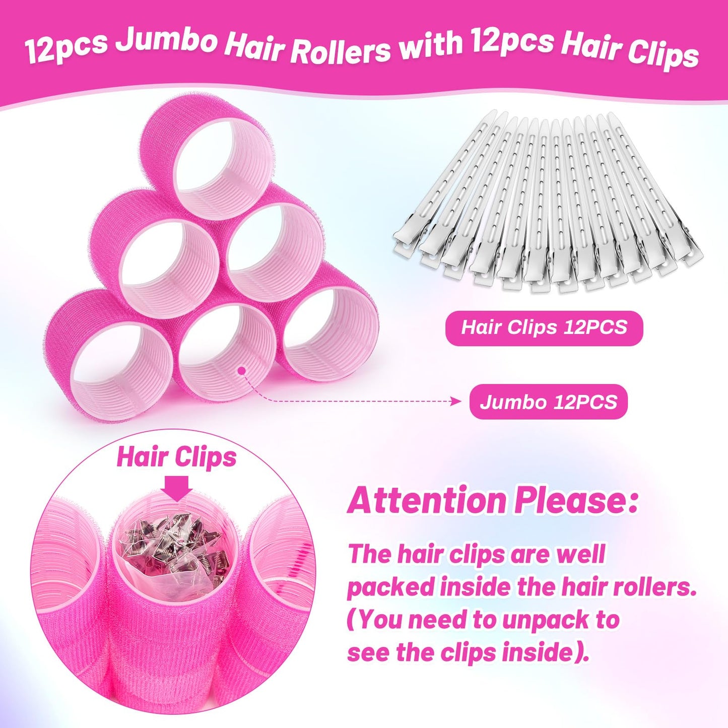 Jumbo Hair Curlers Rollers, 12Pcs 60mm Jumbo Hair Roller Curlers Self Grip Holding Rollers with 12Pcs Hair Clips for Long Straight Thick Hair (Rose Red)