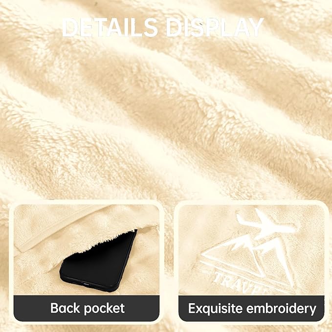 Travel Blanket and Pillow-2-in-1, Ultra-Soft&Compact, One-Piece Airplane Blanket with Hand Luggage Belt and Backpack Clip,Travelers Accessories Gifts, 61x43 Inches(White)