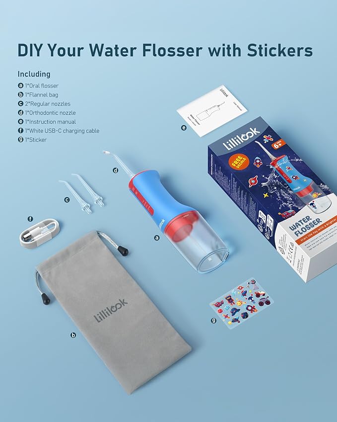 Kids Water Flosser Blue, Rechargeable Oral Irrigator for Kids Aged 6+, 4 Modes, 3 Jet Tips, Fun Stickers, Safe and Gentle Oral Care