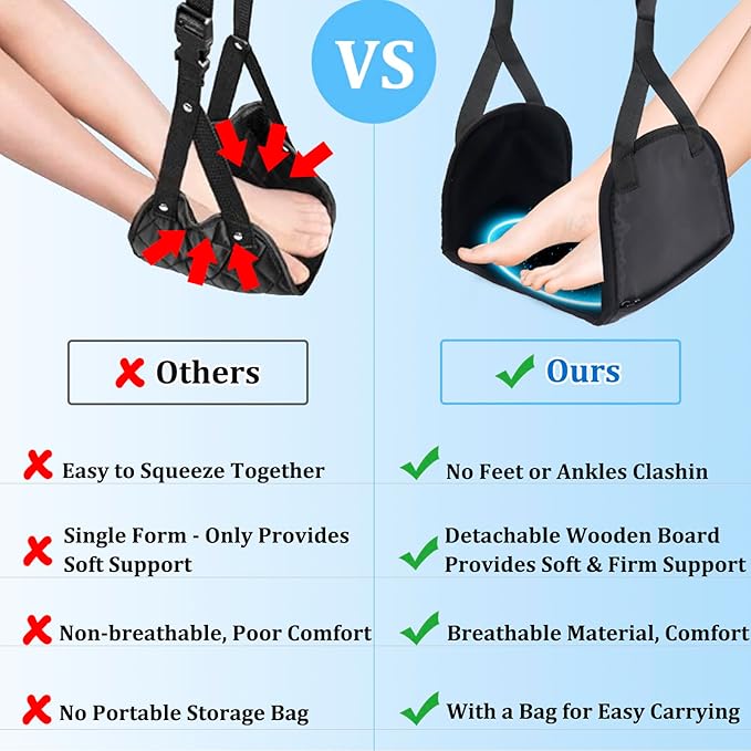 Airplane Travel Foot Hammock Made with Premium Memory Foam, No Collapse Airplane Footrest with Extended Adjustment Strap, Foot Hammock & Portable Plane Leg Rest, Provides Relaxation and Comfortable