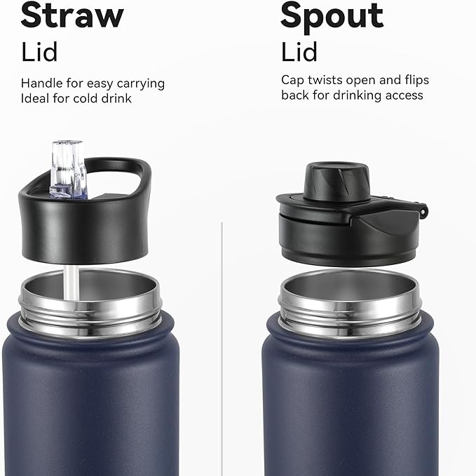 16 oz Insulated Water Bottle with Straw Lids, Stainless Steel Kids Water Bottles for School, Double Wall Vacuum Metal Water Bottle with Straw & Wide Mouth Lid, Navy 1 Pack