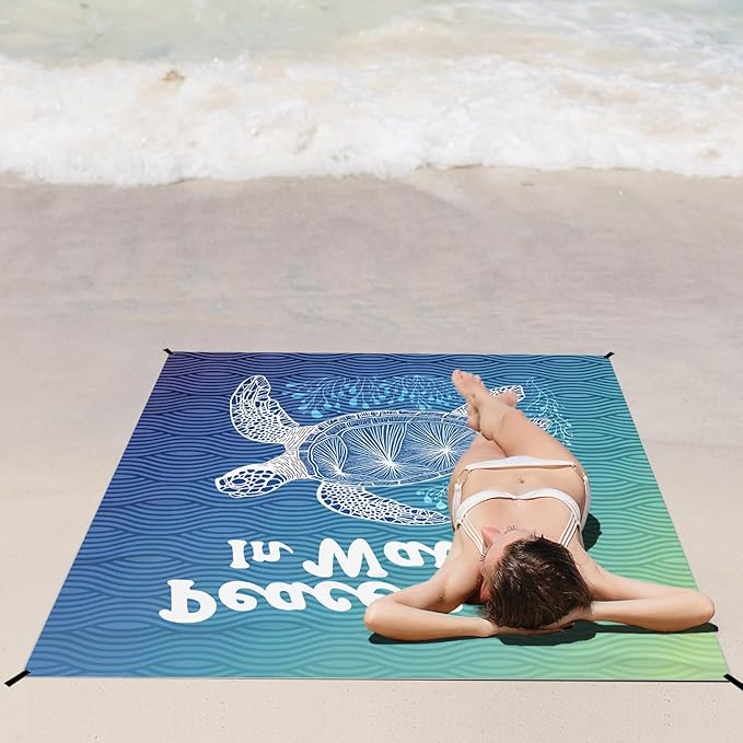 Beach Turtle Pocket Picnic Blankets, Blue Ocean Coastal Mini Beach Camping Blanket Waterproof Sandproof, Rustic Sea RV Outdoor Picnic Blanket Mat Gifts for Camper Campsite Travel 55x60in