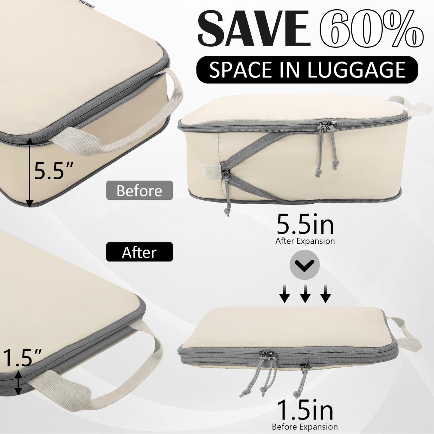 Compression Packing Cubes for Travel Essential, 2 Set Compression Bags Travel Cubes for Packing Suitcase Luggage Organizer Bags Set, Beige