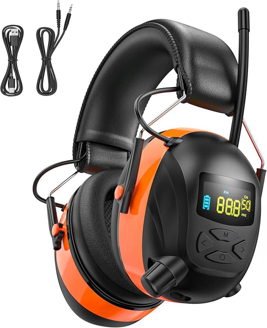 2025 AM/FM Radio Ear Protection Headphones with Backlit Digital Display, 120H Working Time, Rechargeable Hearing Protector, 30dB Noise Reduction Safety Earmuffs for Mowing, Construction, Work, Orange