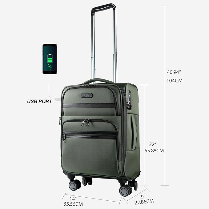 KROSER Softside Expandable Carry On Luggage with Spinner Wheels & Built-in TSA Lock, Durable Suitcase Rolling Luggage with USB Port, Carry-On 20-Inch, Army Green