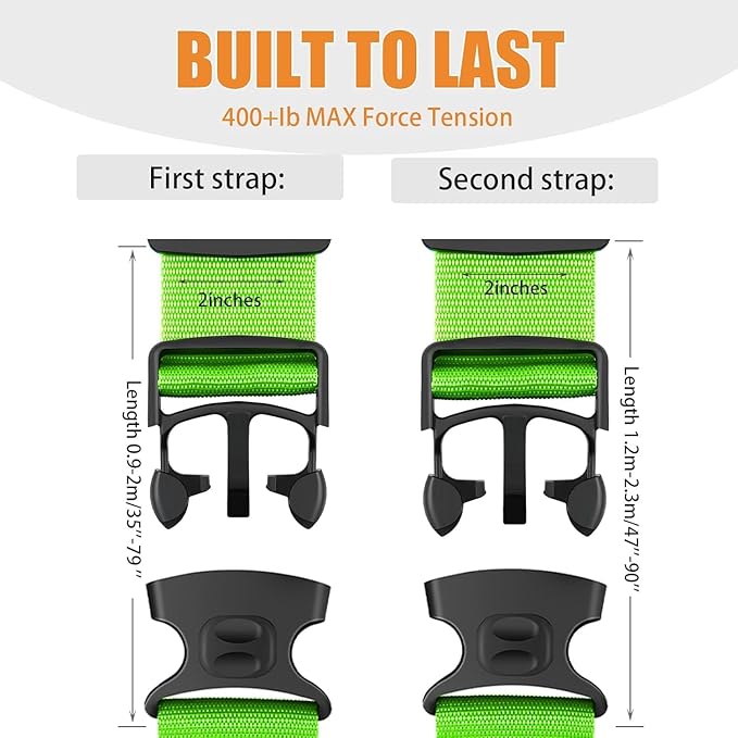 BILIONE Luggage Straps 88 inch Adjustable Suitcase Belt, Lockable Against Accidental Opening, Easy to Identify Travel Accessories, Add a Bag Connector Holds Suitcase Together (Energetic Green, 2)