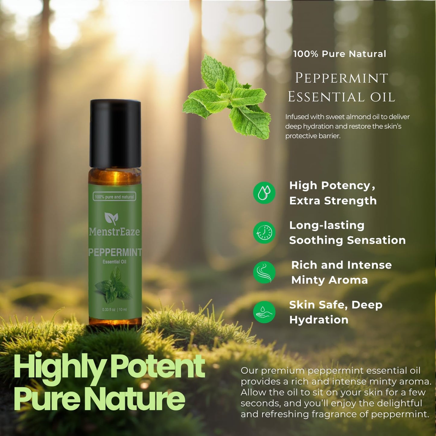 Peppermint Essential Oil Roll On, Migraine & Headache Support, High Potency, Mentha Piperita, 100% Pure Natural, Refreshing and Calming, Nausea Support, 10ml