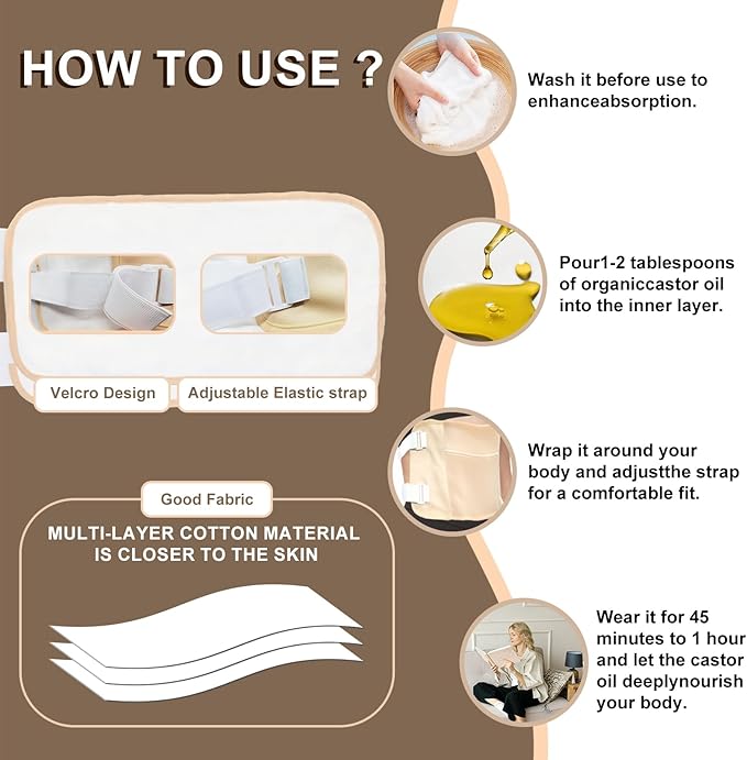 Castor Oil Pack Kit with 8oz Organic Oil – 4 Reusable Wraps for Women & Men | Belly, Liver, Neck & Breast Detox Wraps | Leakproof, Travel-Friendly, Long-Lasting Value Set