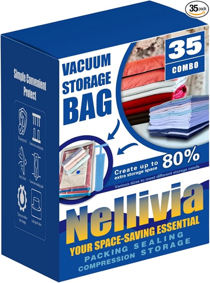 35 Pack Vacuum Storage Bags with Pump, Compression Space Saver for Comforters, Bedding, Blanket Storage, Vacuum Seal Bags for Clothing, Luggage and Closet Organizer, Safe Poly Material