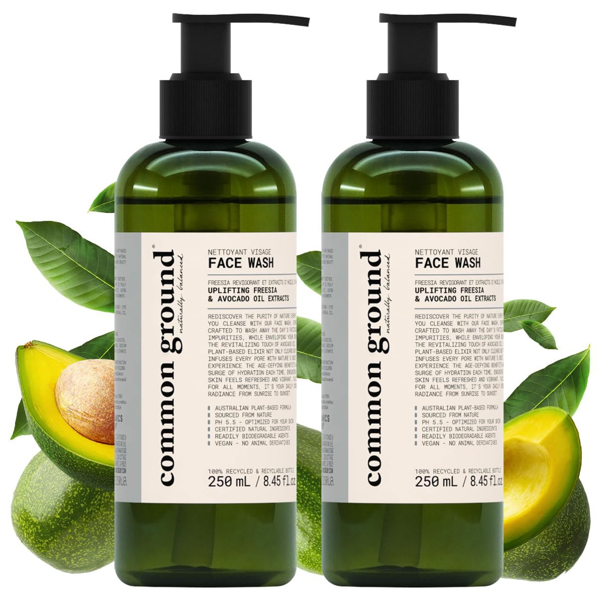 COMMON GROUND All Natural Face Cleanser Wash, Paraben & Cruelty Free, Normal, Oily, Dry, Sensitive, Organic, Vegan, Plant-Based, pH 5.5, Avocado Oil, Men, Women, 8.4 Fl Oz (2 Pack)