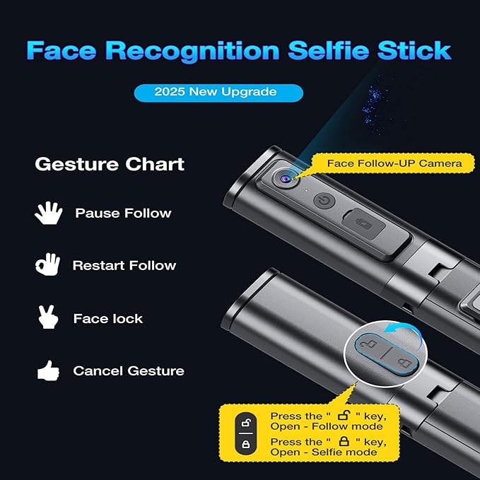 2025 Upgraded 57” Auto Face Tracking Tripod 360 Rotation Facial Recognition Tripod for iPhone with Light AI Face Following Tripods with Remote and Gesture Control for TikTok Vlogging Live Streaming