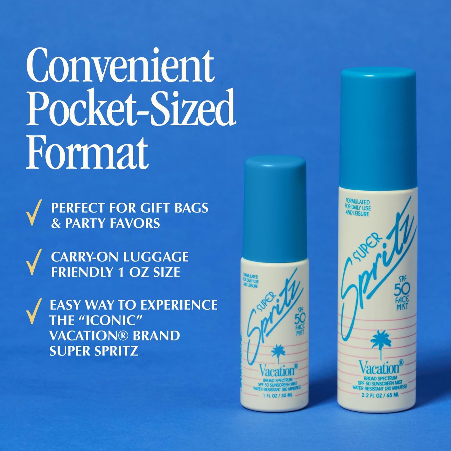 Vacation Mini Super Spritz SPF 50, Water-Resistant, Daily Face Sunscreen Spray, Mini Setting Spray, Non-Comedogenic, Vegan, Travel Size, 1 Fl. Oz. (Value Pack of 6)
