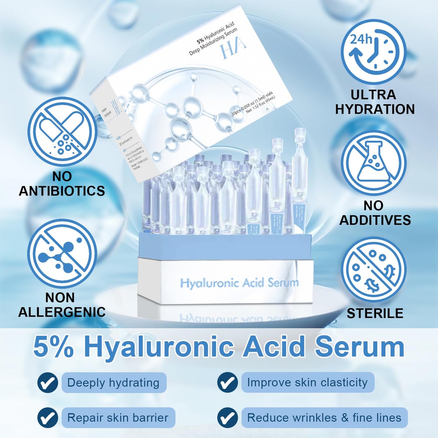 5% Hyaluronic Acid Deep Moisturising Serum, Facial Anti-Aging, Hyaluronic Acid Tube for Sensitive Skin, Pre-Makeup Hydration, Skin Repair Ultra-Moisturising Serum, 30 Vials