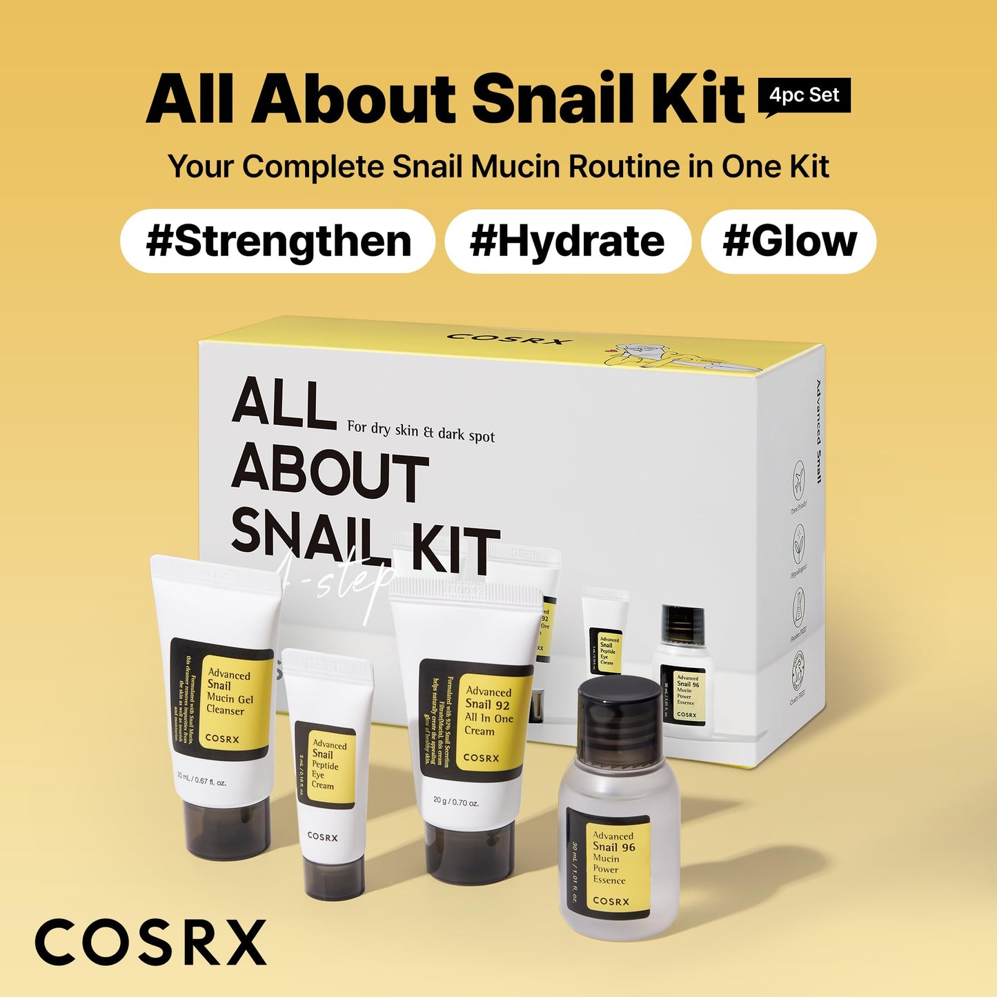 COSRX All About Snail Mucin Korean Skin Care Set, Mini Travel Essentials, Travel Size Gift Set with Snail Mucin Face Wash, Serum, Moisturizer & Eye Cream, Rejuvenating Kit