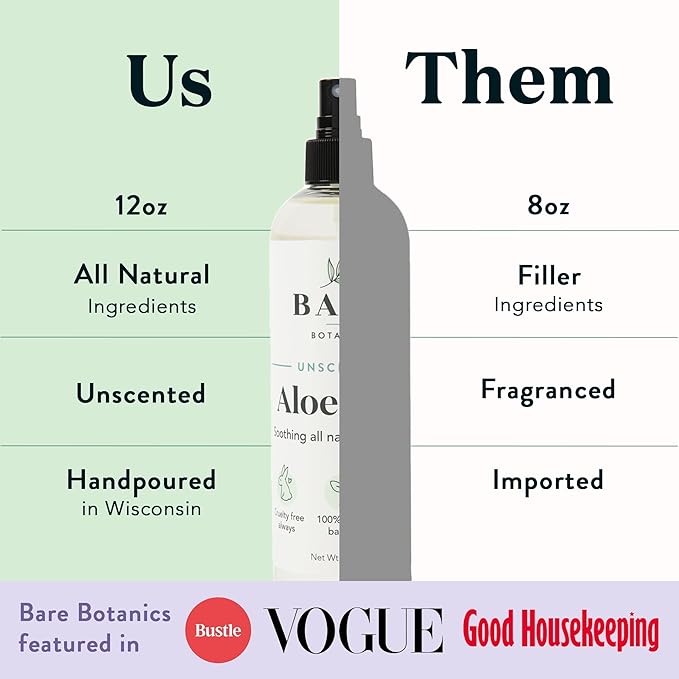 BARE BOTANICS Cooling Aloe Spray for Skin & Hair 12 oz (Large) - After Sun Spray & Aloe Hair Moisturizer - All Natural 99.7% Pure Unscented Aloe Vera Spray Made in Madison, WI