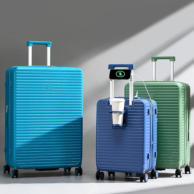 28 Inch Luggage Hard Shell Suitcases, Expandable Travel Checked Luggage 28 Inch, Large Check In Luggage with Spinner Wheels Cup Holder Charger Built in Lightweight Suitcase, Caribbean Blue