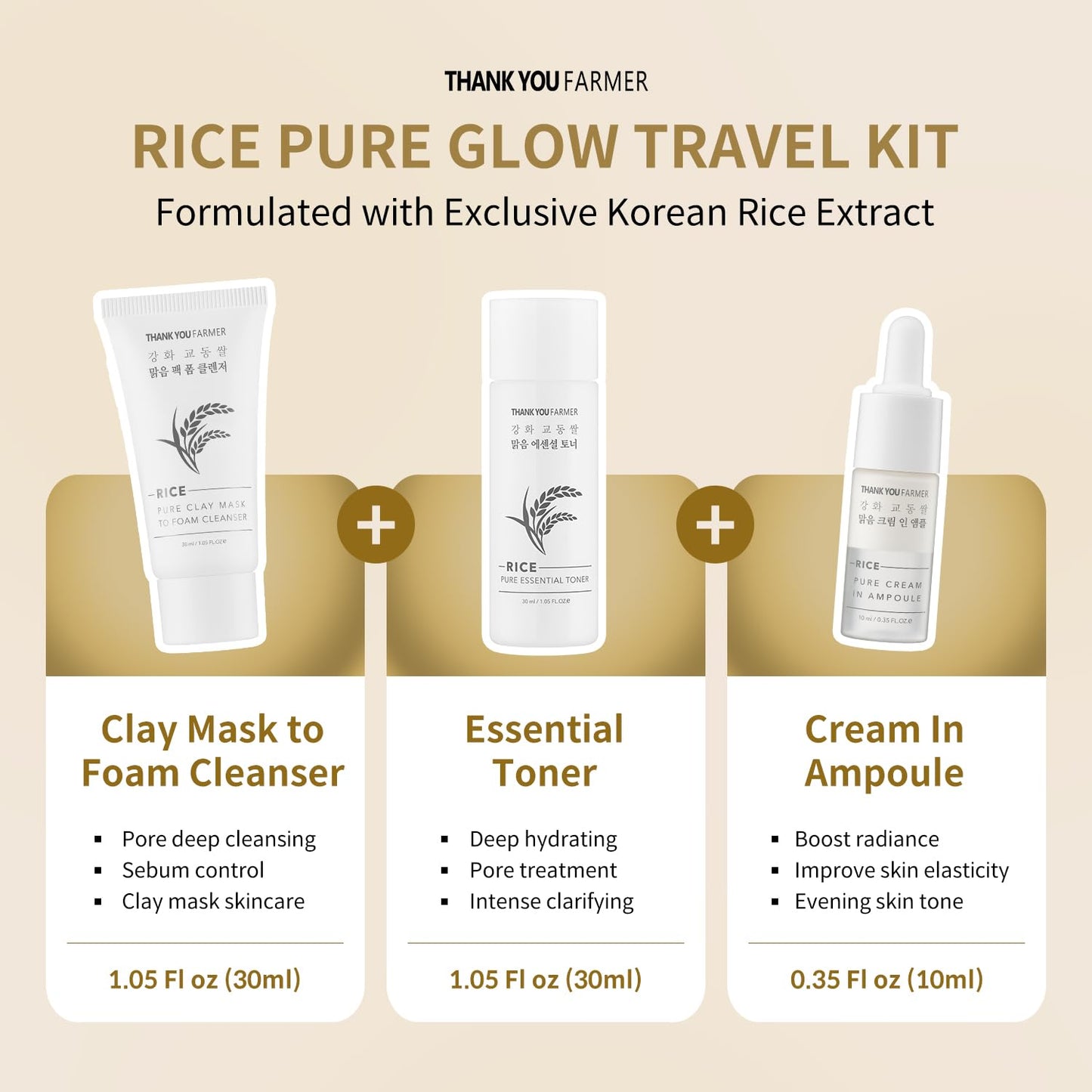 THANKYOU FARMER Rice Pure Glow Travel Kit, Mini Size Cleanser(1.05 fl oz), Mini Size Toner(1.05 fl oz), Mini Size Ampoule(0.35 fl oz)