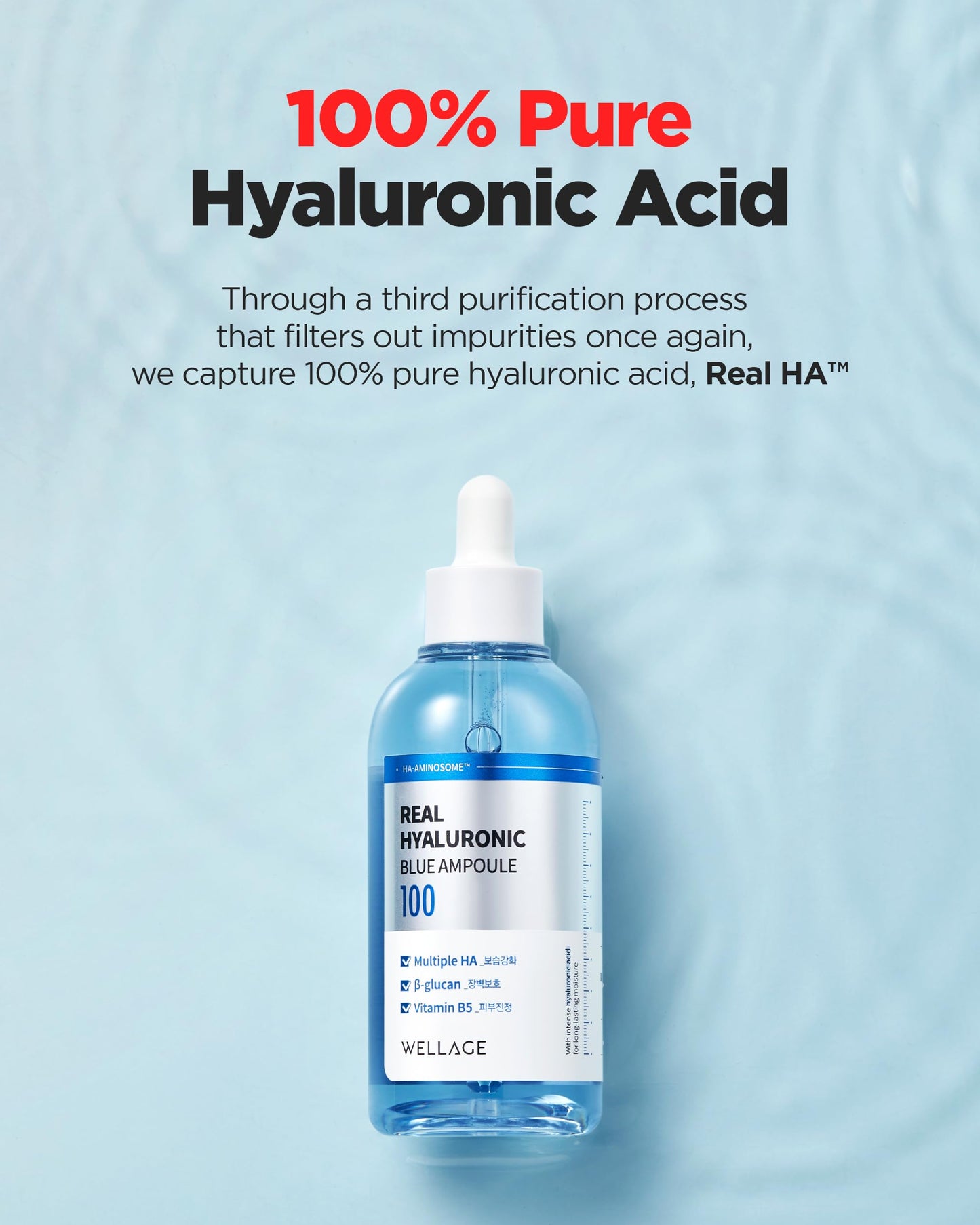 WELLAGE Real Hyaluronic Blue Ampoule 100, Korean Serum, Fragrance Free Hyaluronic Acid Ampoule with Panthenol, Wild yam, Centella for Sensitive Dry Skin Moisturizer 2.54 fl.oz