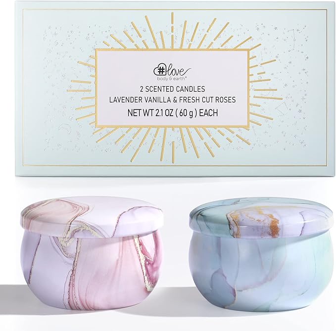 2-Pack Soy Candles Gift Set - Lavender, Vanilla, Rose Scents in Portable Tin Jars - for Home, Travel, Spa