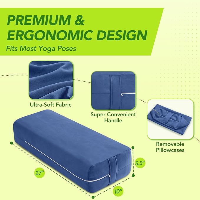 Rectangular Yoga Bolster - Meditation Pillow with Washable Suede Cover, 27"X10" X5.5"