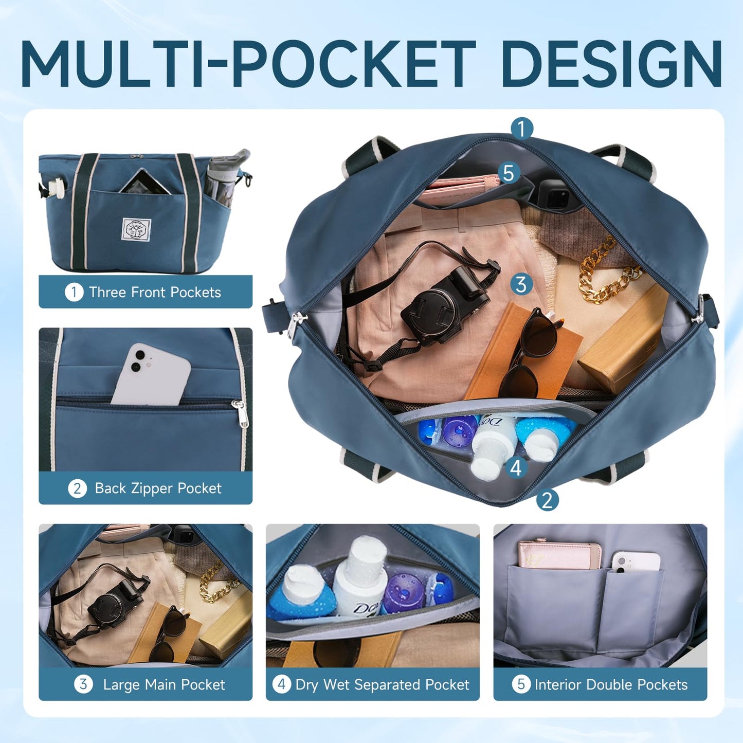 WALNEW Travel Duffel Bag, Weekender Overnight Carry On Bag for Women Men, Foldable Waterproof Gym Luggage with Metal Buckle Detachable Shoulder Strap and Wet Compartment (Peacock Blue)