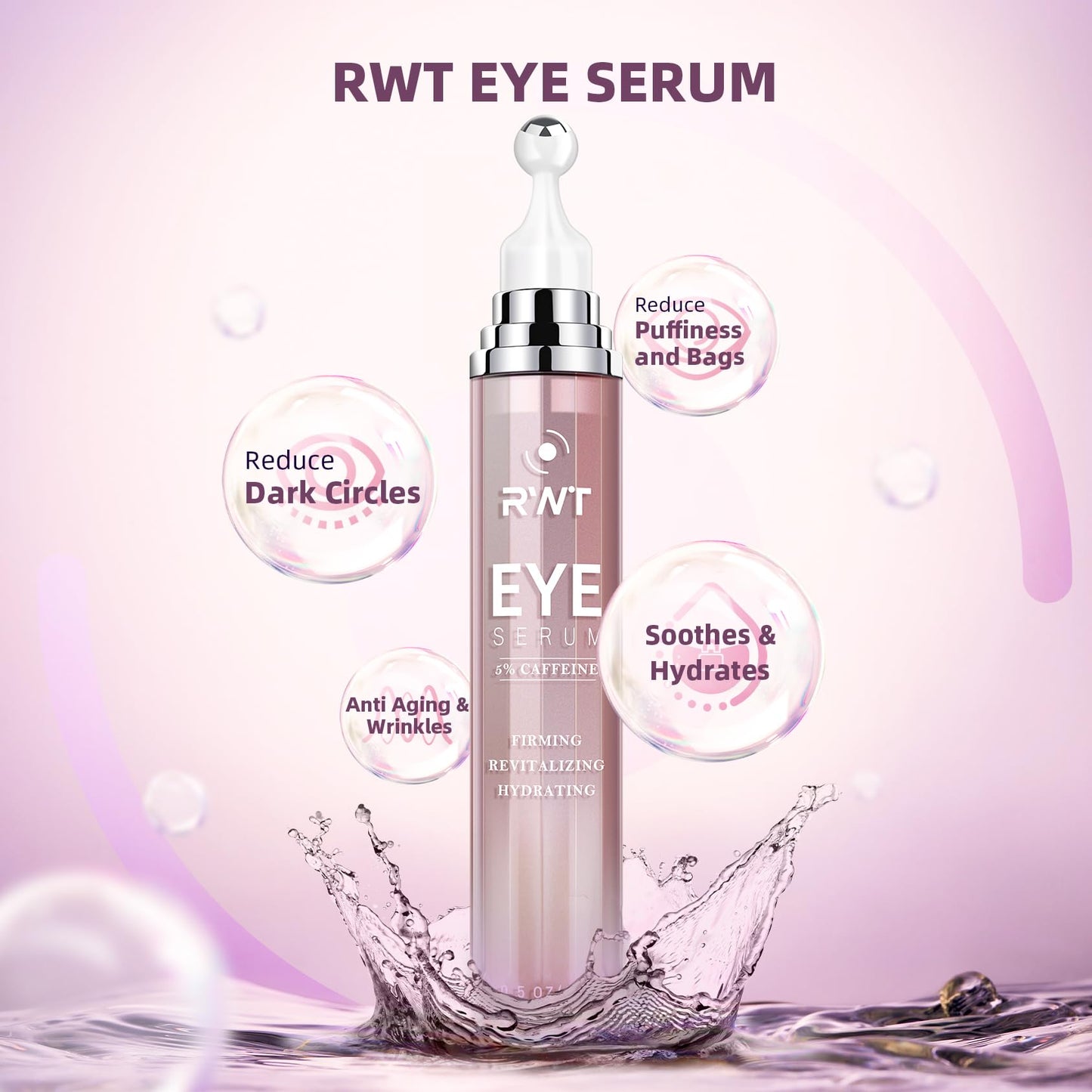 5% Caffeine Eye Cream & Under Eye Serum for Dark Circles and Puffiness, 360° Massage Roller Ball Eyes Treatment Serum, Reduces Wrinkles Fine Lines for Women