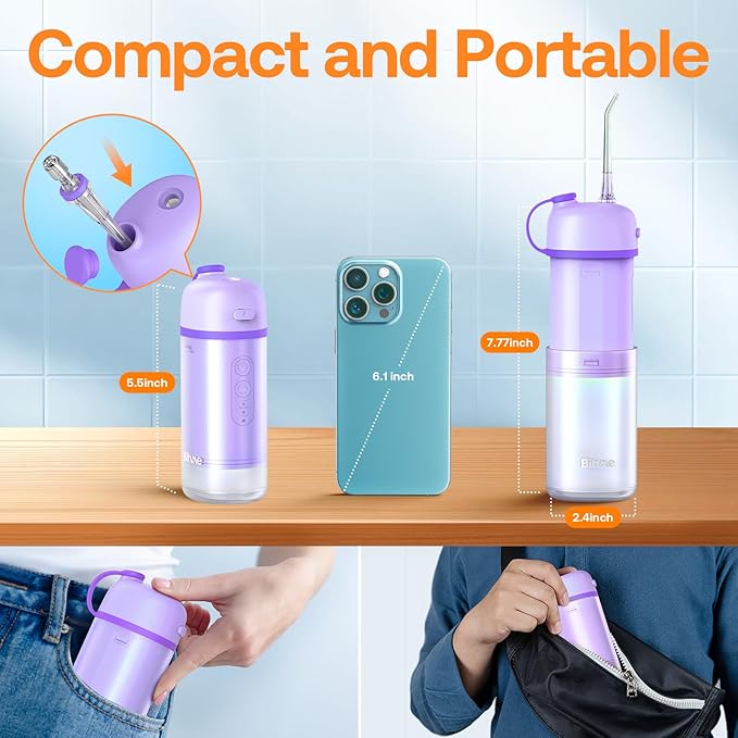 Bitvae P1 Water Dental Flosser, Portable Water Cleaner Picks, Cordless Mini Water Teeth Cleaners with Telescopic Water Tank, IPX7 Waterproof Oral Irrigator, Brace & Sensitive Teeth Care, Purple