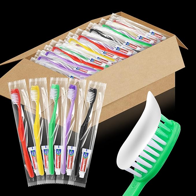 400pcs Disposable Toothbrushes with Toothpaste,Single Use Toothbrush with Toothpaste Individually Wrapped Disposable Travel Toothbrushes Kit Bulk for Homeless,Hotel,Guests(5 Colors)