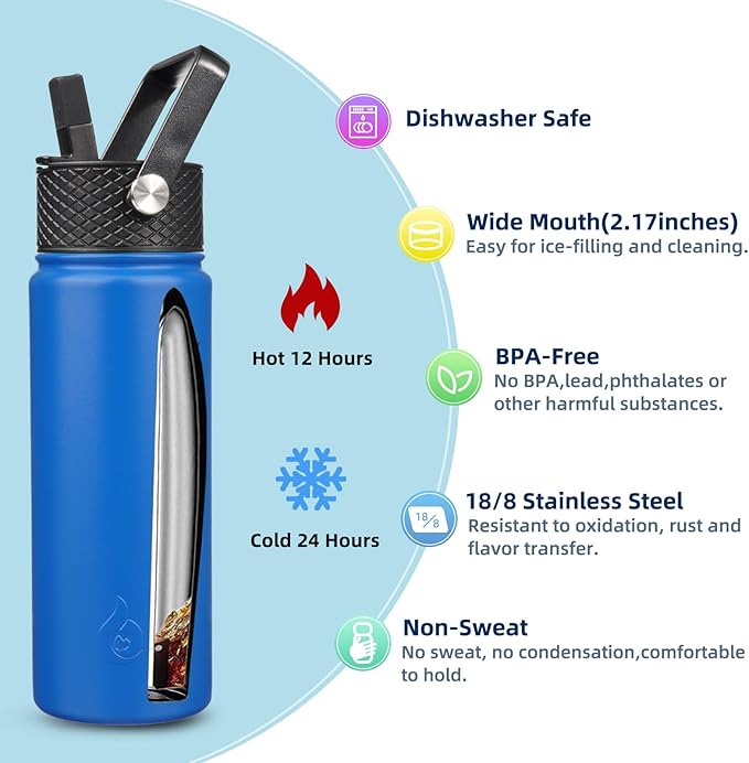 BJPKPK Insulated Water Bottles with Straw Lid, 22oz Cold & Hot Thermo, Stainless Steel Metal Water Bottle with 3 Lids, Reusable Thermo, Cups, Mugs for Daily Use-Sapphire