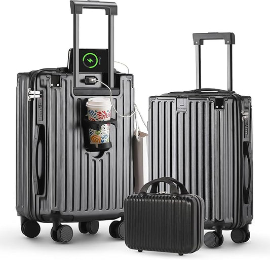 20 Inch Carry On Luggage With Cup Holder & USB Port, Airline Approved TSA-locked Luggage, Lightweight PC Material Travel Suitcase With 360° Spinner Wheel (14-20-24in Black, 14-20-24in)