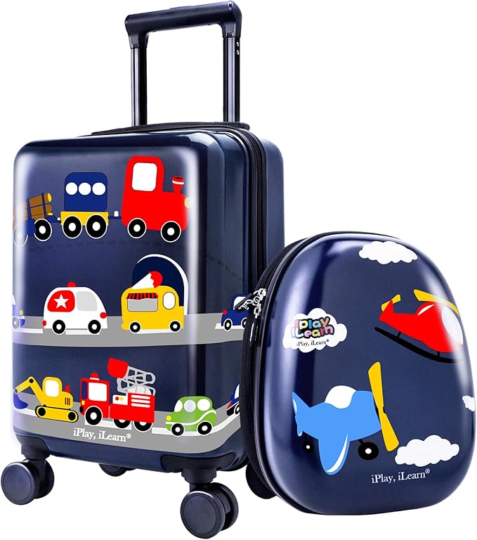 iPlay, iLearn Airplane Kids Luggage, Boys Carry On Suitcase, 18" Hardside Travel Luggage Set W/Backpack, Toddler Rolling Luggage W/ 4 Spinner Wheels, Children Holiday Birthday Gift