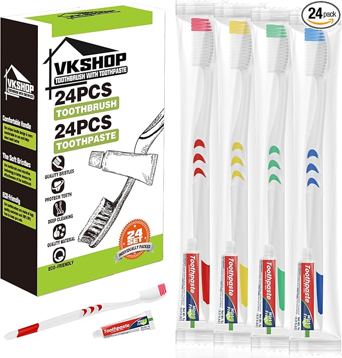 24 Pack Disposable Toothbrush with Toothpaste, Individually Wrapped Travel Toothbrush Kits, Soft Bristles for Travel, Hotels, Camping, Donations, Dental Care (White)