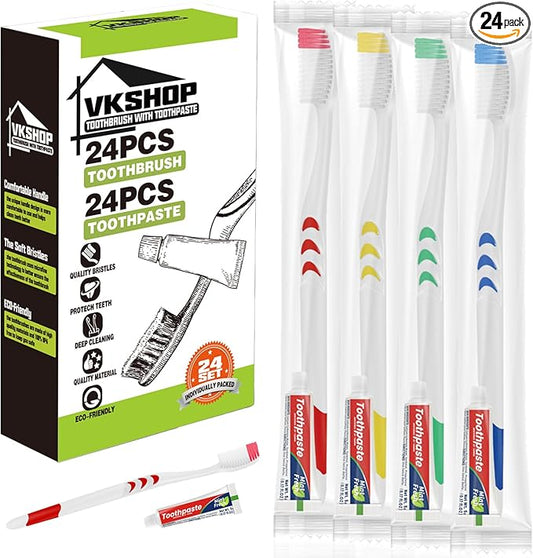 24 Pack Disposable Toothbrush with Toothpaste, Individually Wrapped Travel Toothbrush Kits, Soft Bristles for Travel, Hotels, Camping, Donations, Dental Care (White)