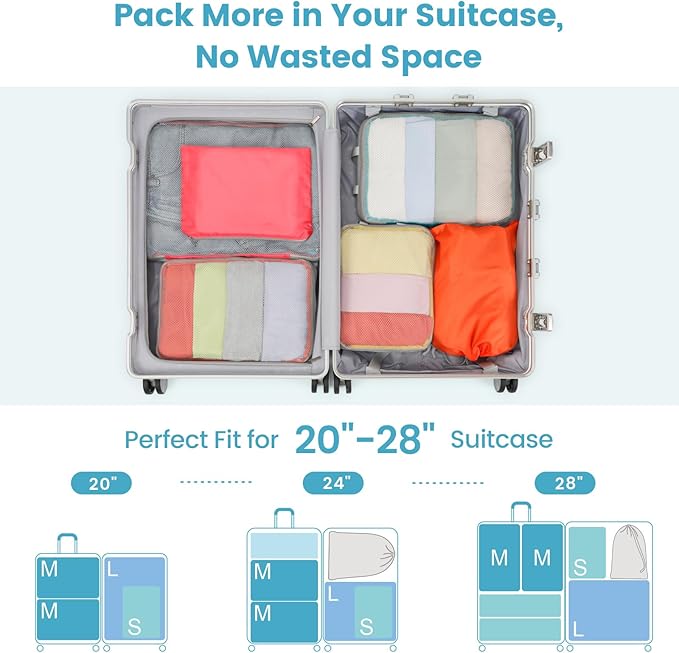 Cambond Compression Packing Cubes for Travel - 7 Set Multi-color See Through Mesh Compression Cubes for Travel Essentials with Large Laundry Bag, Luggage Packing Organizers Bags for Suitcases
