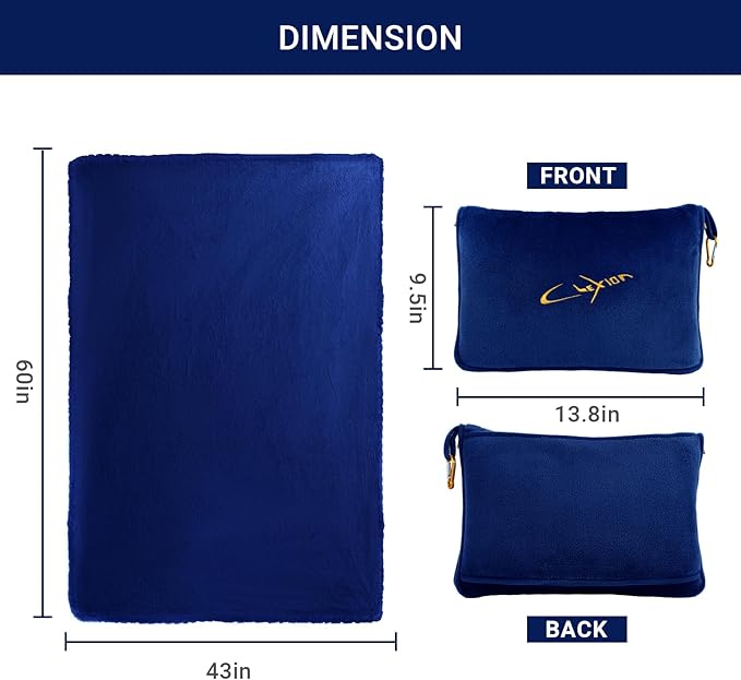 Travel Blanket & Pillow Set, 300 GSM Soft Fleece, 60x43 Inches, 3-in-1 Airplane Blanket, Travel Pillow and Blanket Set, Travel Blanket Airplane Compact with Bag, Travel Essentials, Navy